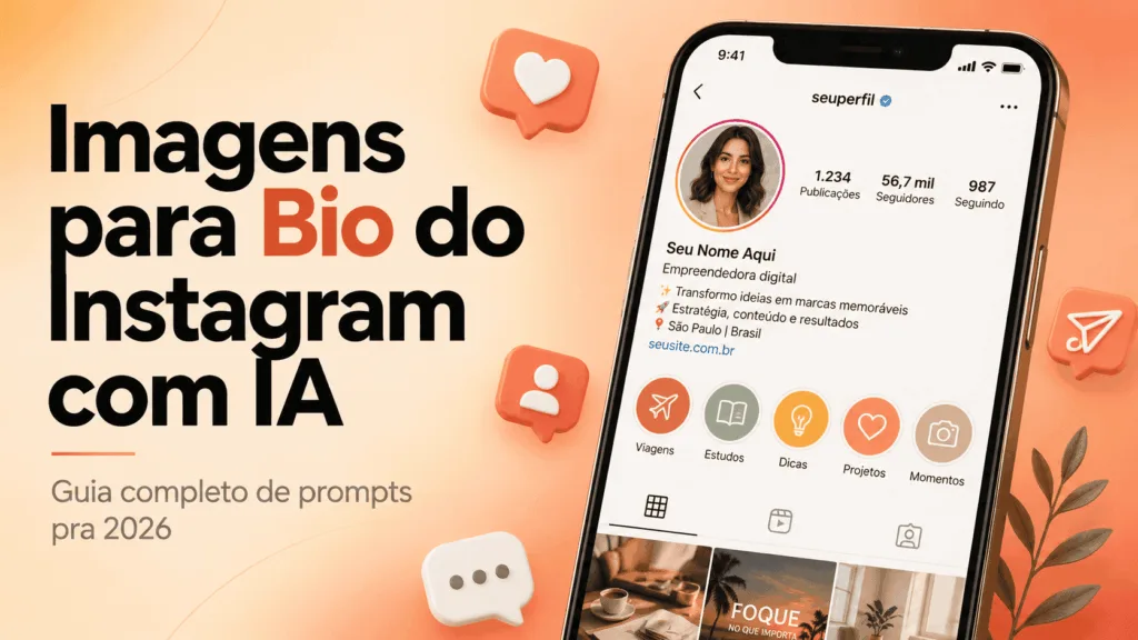 Capa do artigo sobre criar imagens para bio do Instagram com IA mostrando mockup de perfil em smartphone